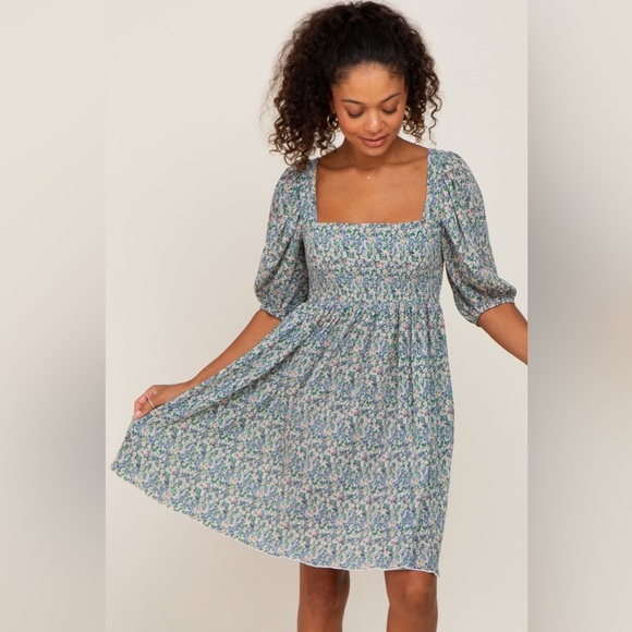 PinkBlush floral faint flower print puff sleeve chiffon smocked dress nwot - Picture 1 of 4